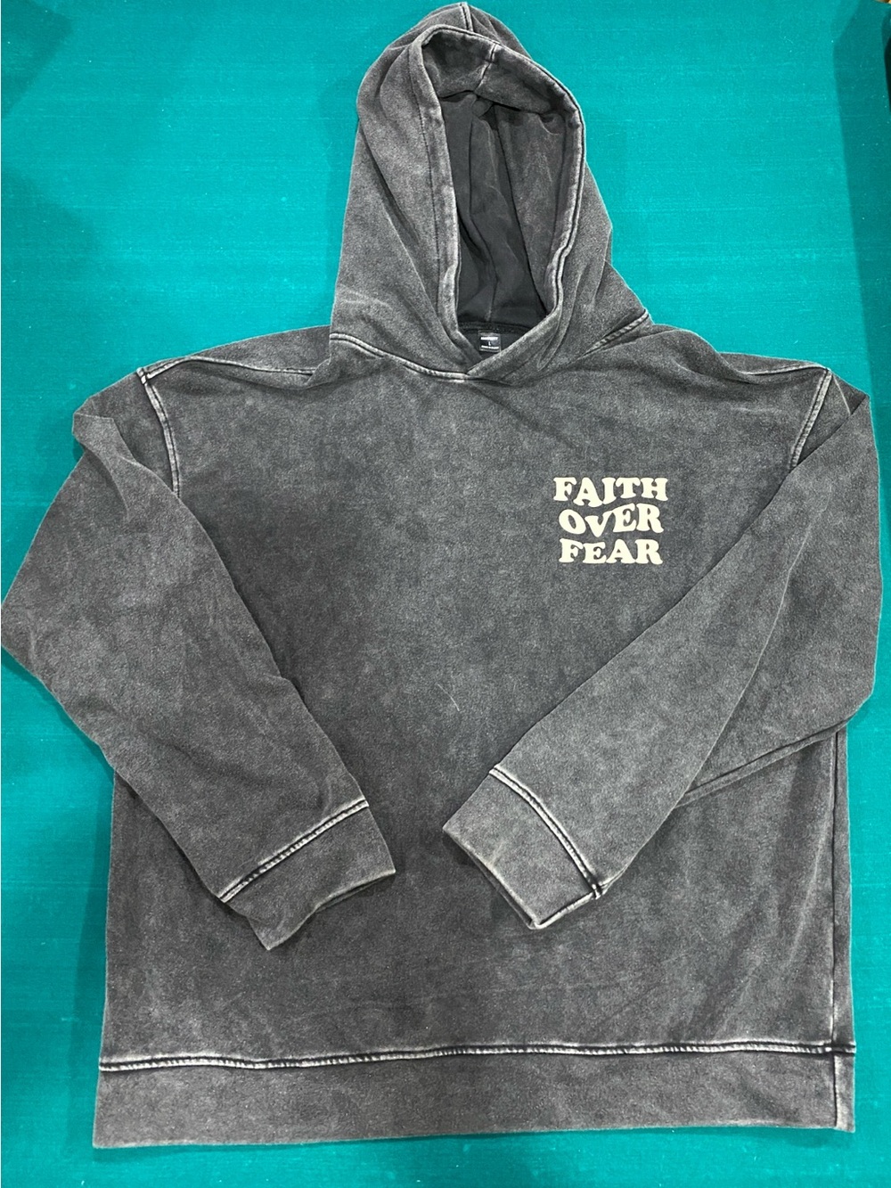 Charcoal Washed Lightweight Hoodie with Cream 'Faith Over Fear' Print